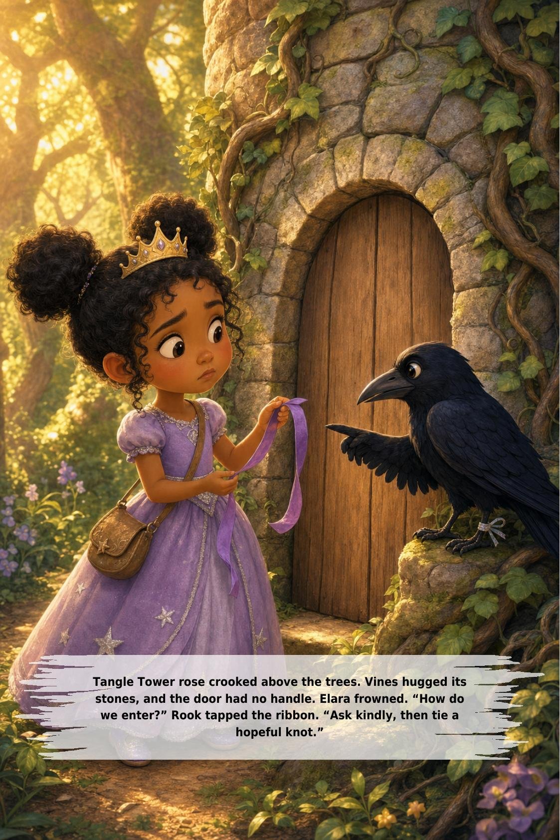 Tangle Tower rose crooked above the trees. Vines hugged its
stones, and the door had no handle. Elara frowned. “How do
we enter?” Rook tapped the ribbon. “Ask kindly, then tie a
hopeful knot.”