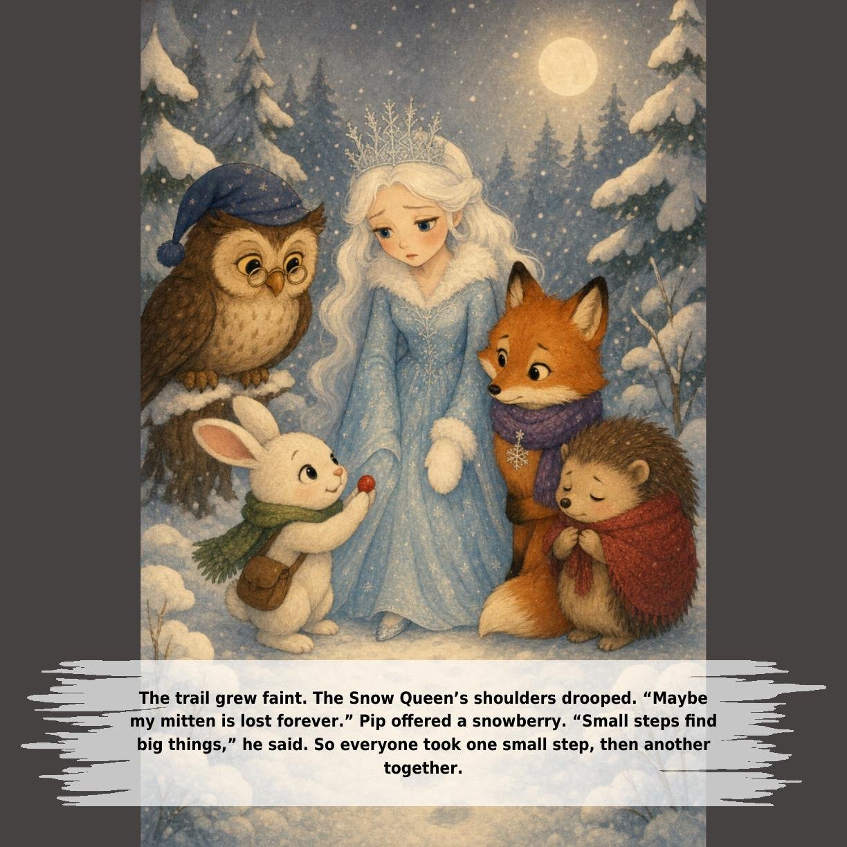 The trail grew faint. The Snow Queen’s shoulders drooped. “Maybe
my mitten is lost forever.” Pip offered a snowberry. “Small steps find
big things,” he said. So everyone took one small step, then another
together.