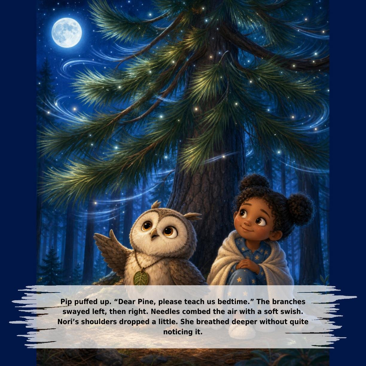 Pip puffed up. “Dear Pine, please teach us bedtime.” The branches
swayed left, then right. Needles combed the air with a soft swish.
Nori’s shoulders dropped a little. She breathed deeper without quite
noticing it.