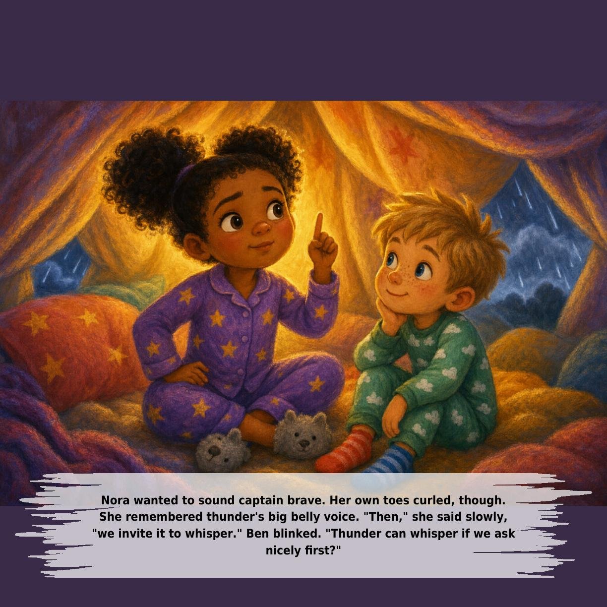 Nora wanted to sound captain brave. Her own toes curled, though.
She remembered thunder's big belly voice. "Then," she said slowly,
"we invite it to whisper." Ben blinked. "Thunder can whisper if we ask
nicely first?"