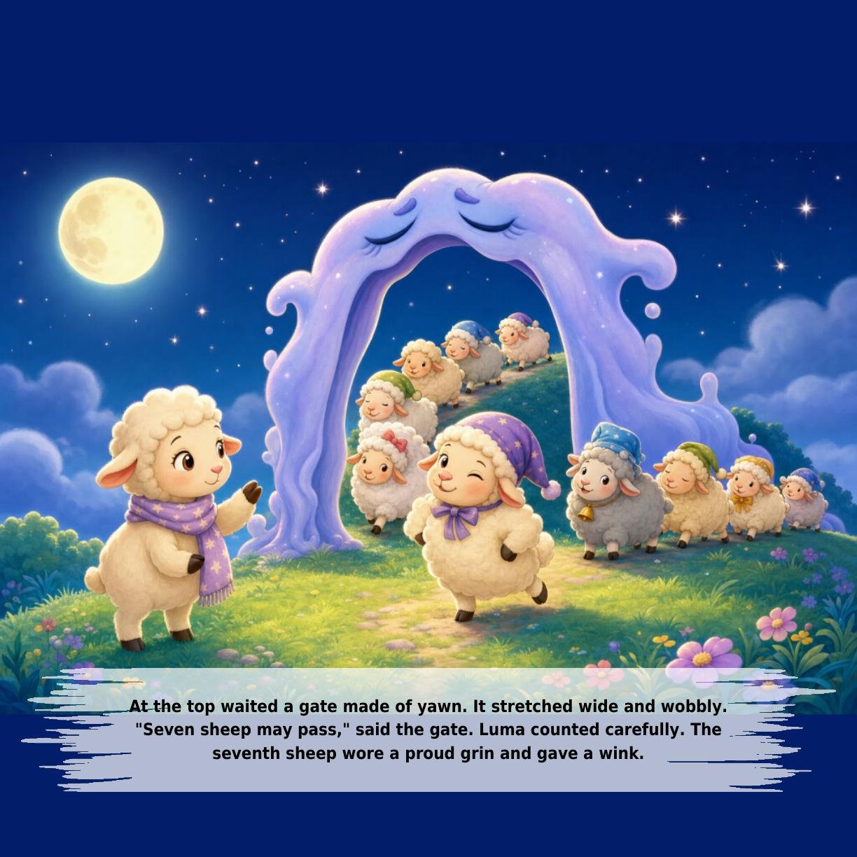 At the top waited a gate made of yawn. It stretched wide and wobbly.
"Seven sheep may pass," said the gate. Luma counted carefully. The
seventh sheep wore a proud grin and gave a wink.