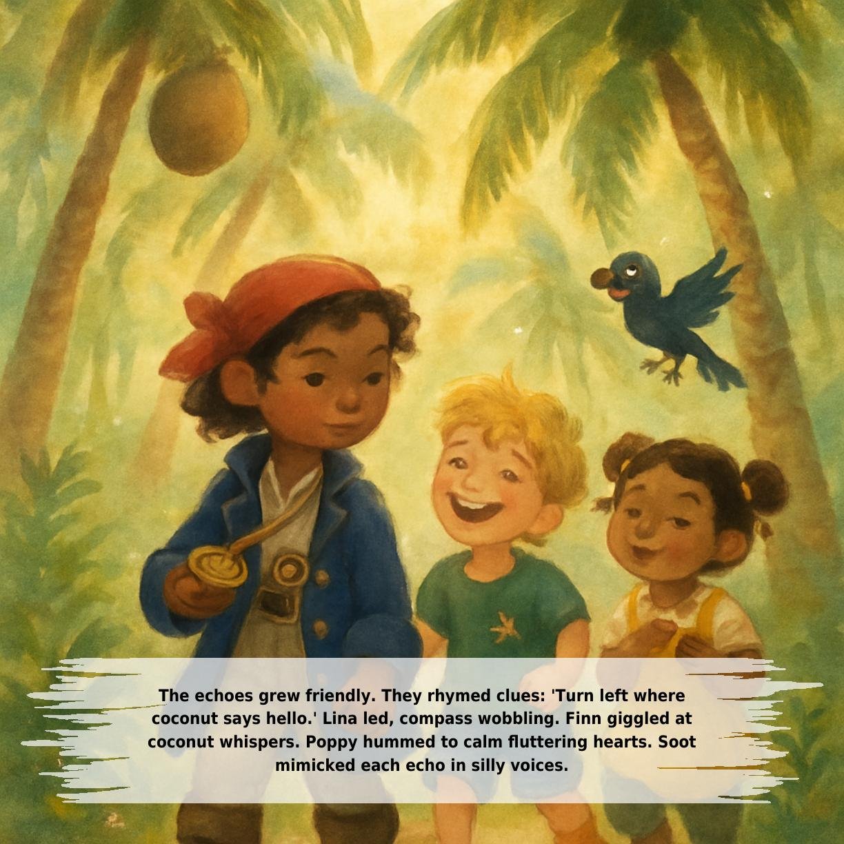 The echoes grew friendly. They rhymed clues: 'Turn left where
coconut says hello.' Lina led, compass wobbling. Finn giggled at
coconut whispers. Poppy hummed to calm fluttering hearts. Soot
mimicked each echo in silly voices.