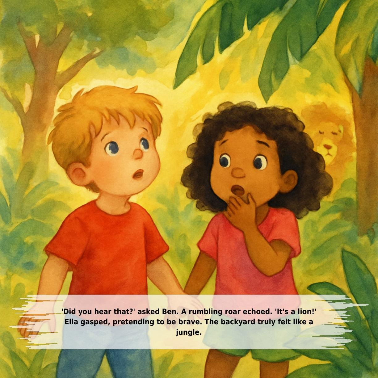 'Did you hear that?' asked Ben. A rumbling roar echoed. 'It's a lion!'
Ella gasped, pretending to be brave. The backyard truly felt like a
jungle.