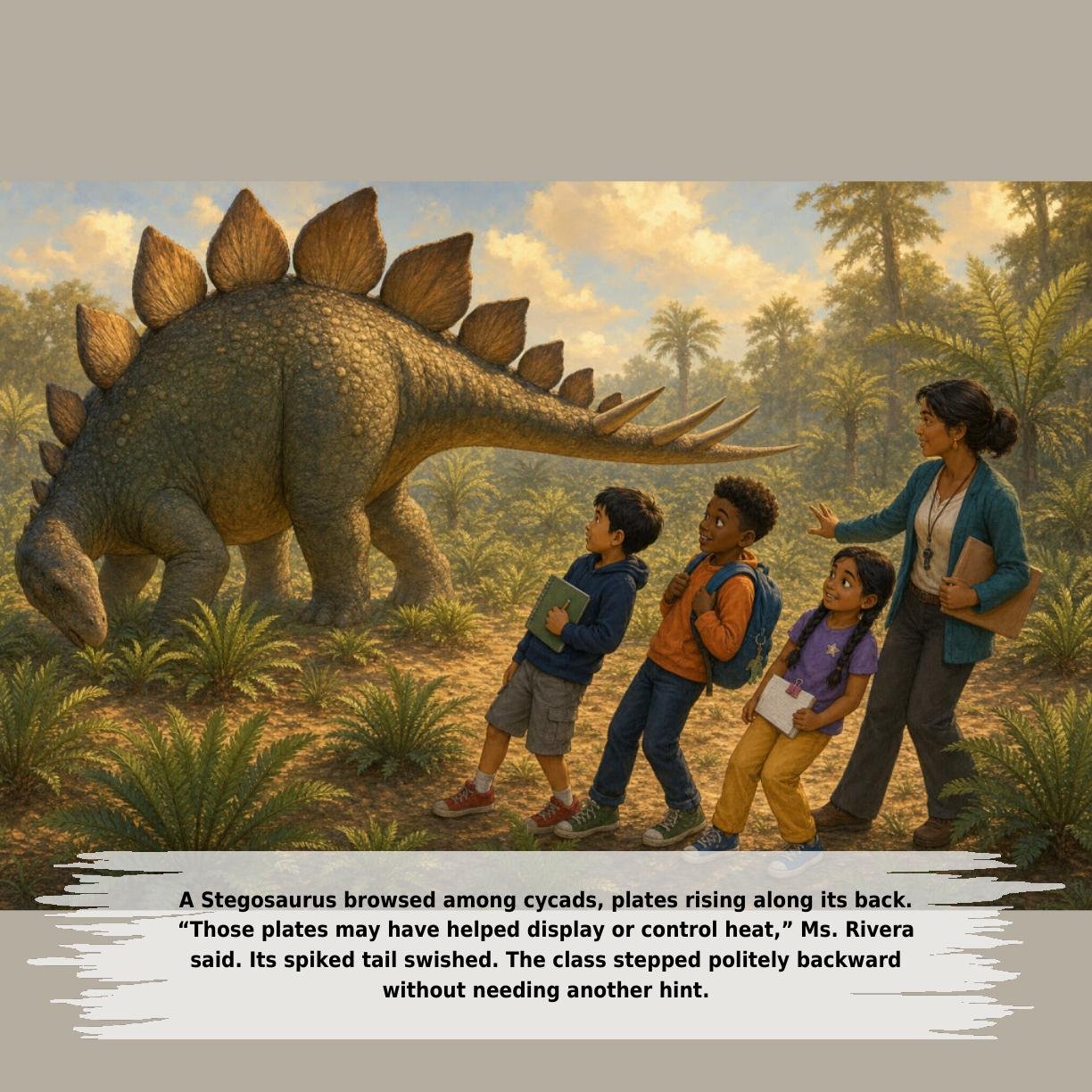 A Stegosaurus browsed among cycads, plates rising along its back.
“Those plates may have helped display or control heat,” Ms. Rivera
said. Its spiked tail swished. The class stepped politely backward
without needing another hint.