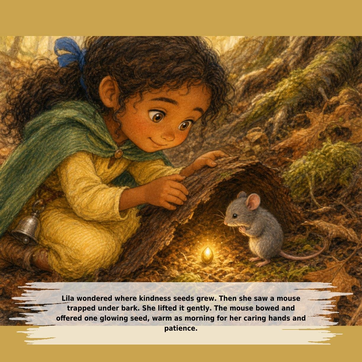 Lila wondered where kindness seeds grew. Then she saw a mouse
trapped under bark. She lifted it gently. The mouse bowed and
offered one glowing seed, warm as morning for her caring hands and
patience.