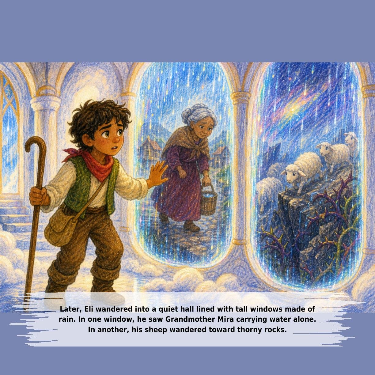 Later, Eli wandered into a quiet hall lined with tall windows made of
rain. In one window, he saw Grandmother Mira carrying water alone.
In another, his sheep wandered toward thorny rocks.