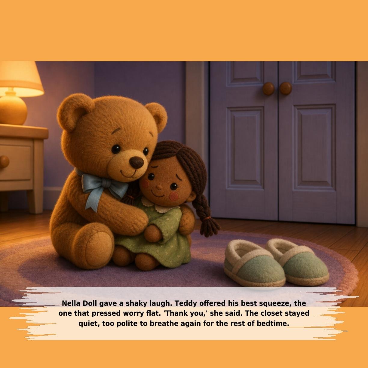 Nella Doll gave a shaky laugh. Teddy offered his best squeeze, the
one that pressed worry flat. 'Thank you,' she said. The closet stayed
quiet, too polite to breathe again for the rest of bedtime.