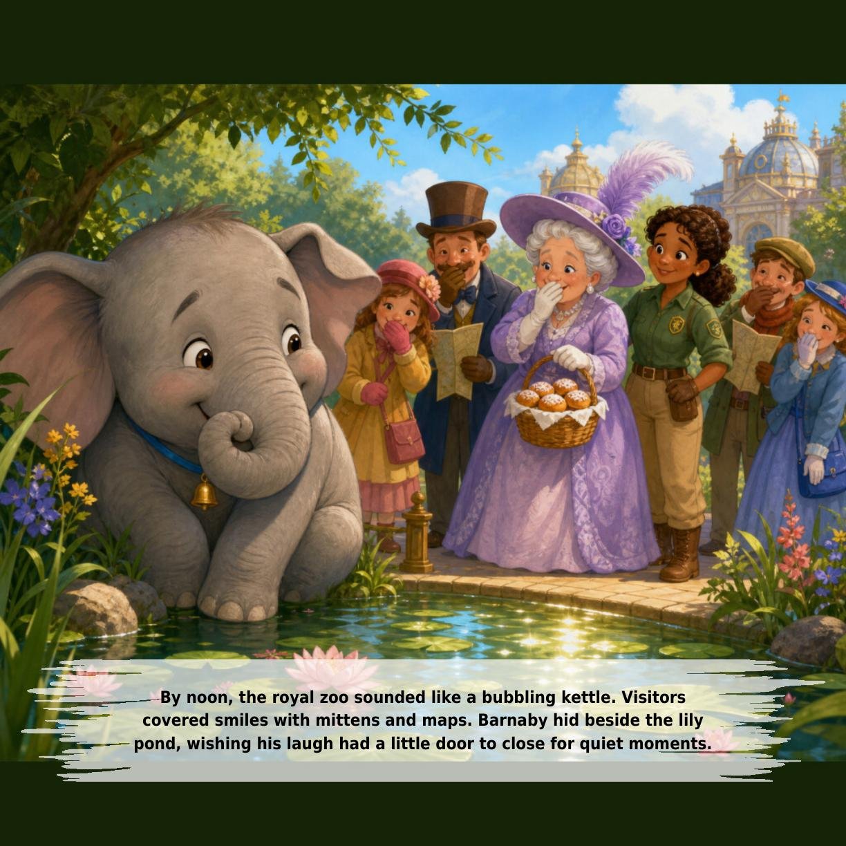 By noon, the royal zoo sounded like a bubbling kettle. Visitors
covered smiles with mittens and maps. Barnaby hid beside the lily
pond, wishing his laugh had a little door to close for quiet moments.
