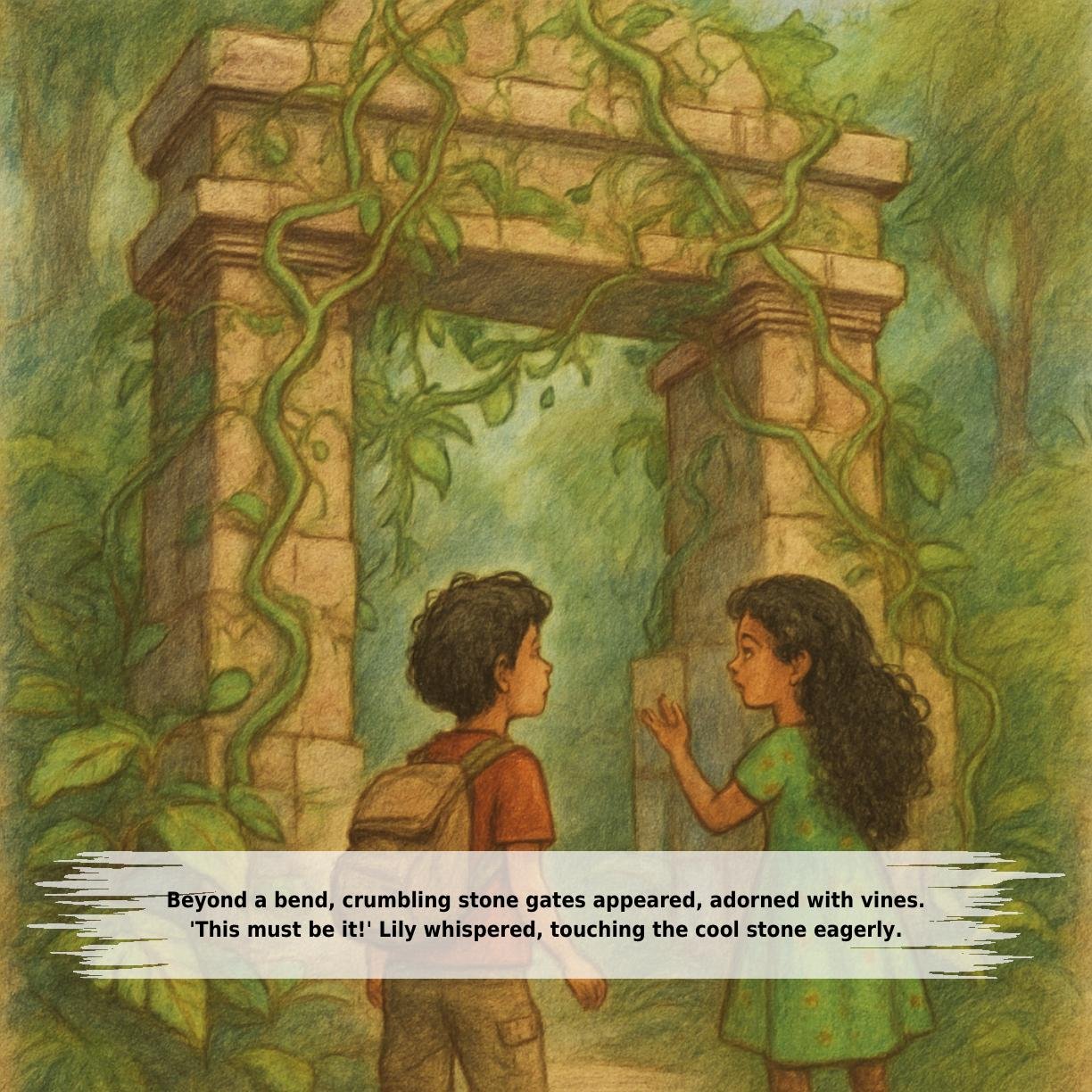 Beyond a bend, crumbling stone gates appeared, adorned with vines.
'This must be it!' Lily whispered, touching the cool stone eagerly.