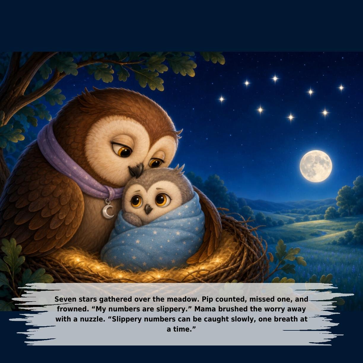 Seven stars gathered over the meadow. Pip counted, missed one, and
frowned. “My numbers are slippery.” Mama brushed the worry away
with a nuzzle. “Slippery numbers can be caught slowly, one breath at
a time.”