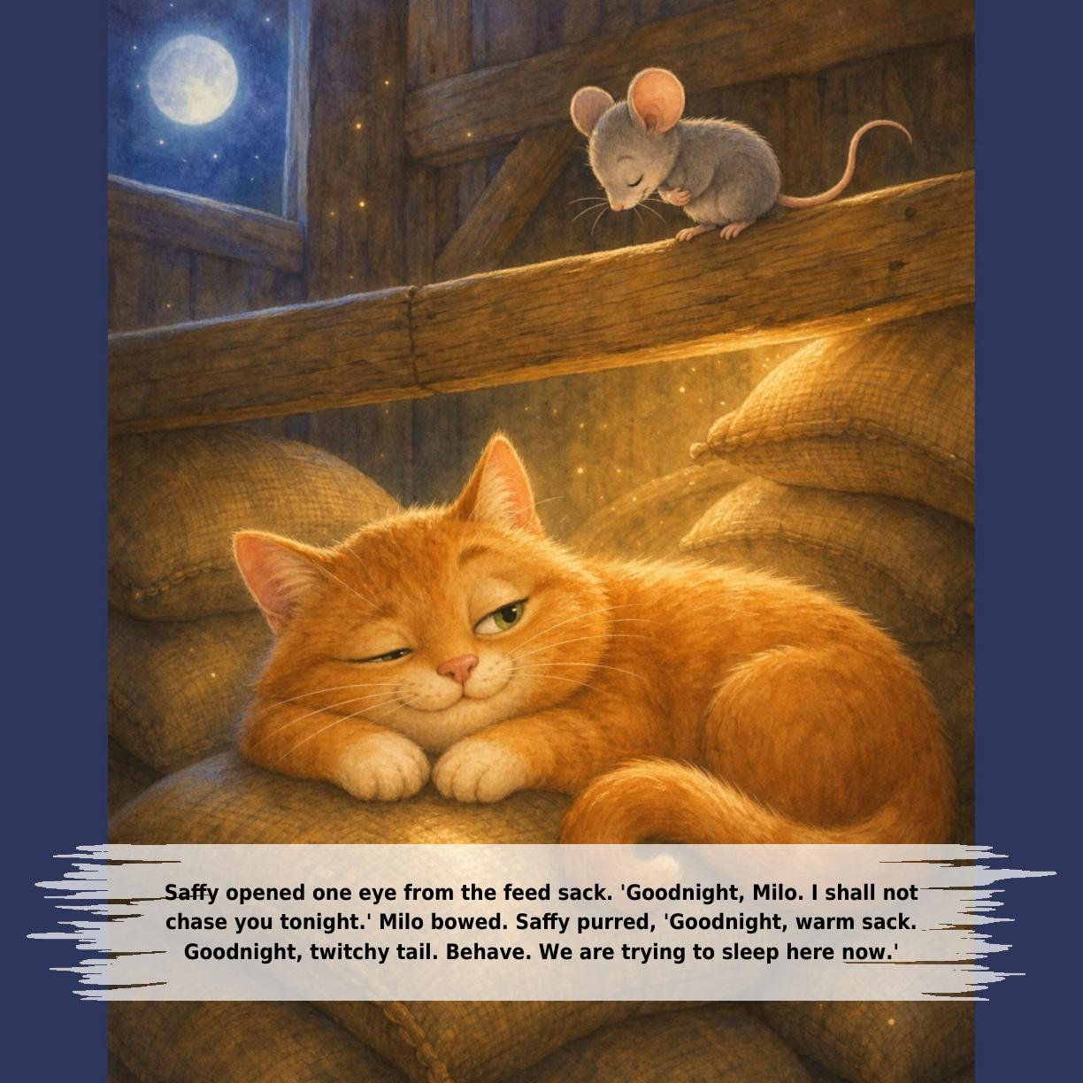 Saffy opened one eye from the feed sack. 'Goodnight, Milo. I shall not
chase you tonight.' Milo bowed. Saffy purred, 'Goodnight, warm sack.
Goodnight, twitchy tail. Behave. We are trying to sleep here now.'