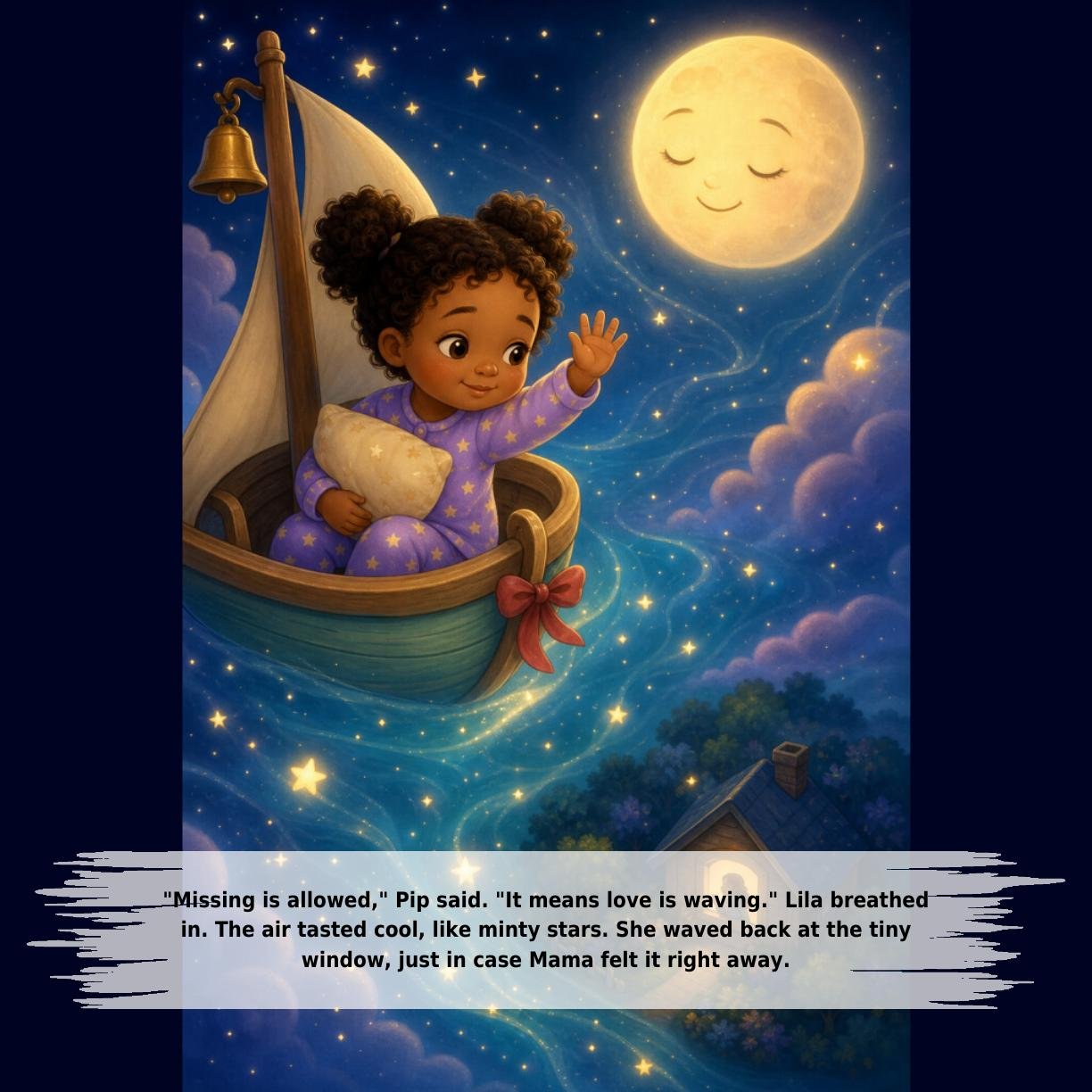 "Missing is allowed," Pip said. "It means love is waving." Lila breathed
in. The air tasted cool, like minty stars. She waved back at the tiny
window, just in case Mama felt it right away.