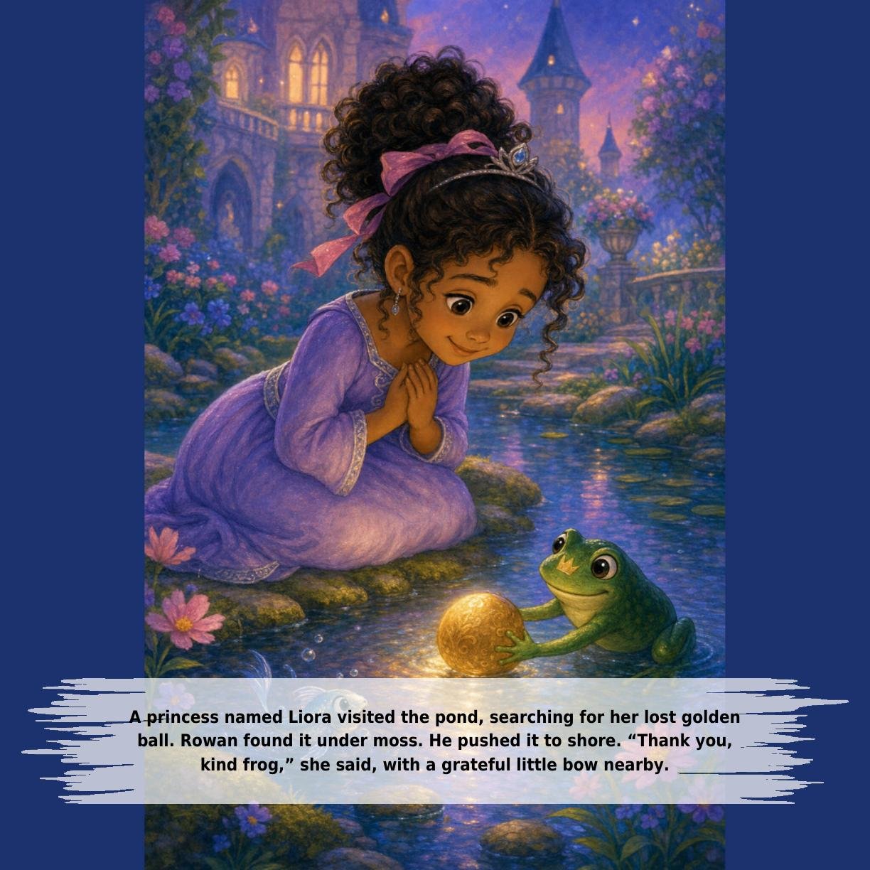 A princess named Liora visited the pond, searching for her lost golden
ball. Rowan found it under moss. He pushed it to shore. “Thank you,
kind frog,” she said, with a grateful little bow nearby.