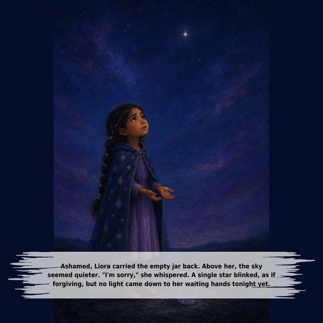 Ashamed, Liora carried the empty jar back. Above her, the sky
seemed quieter. "I'm sorry," she whispered. A single star blinked, as if
forgiving, but no light came down to her waiting hands tonight yet.