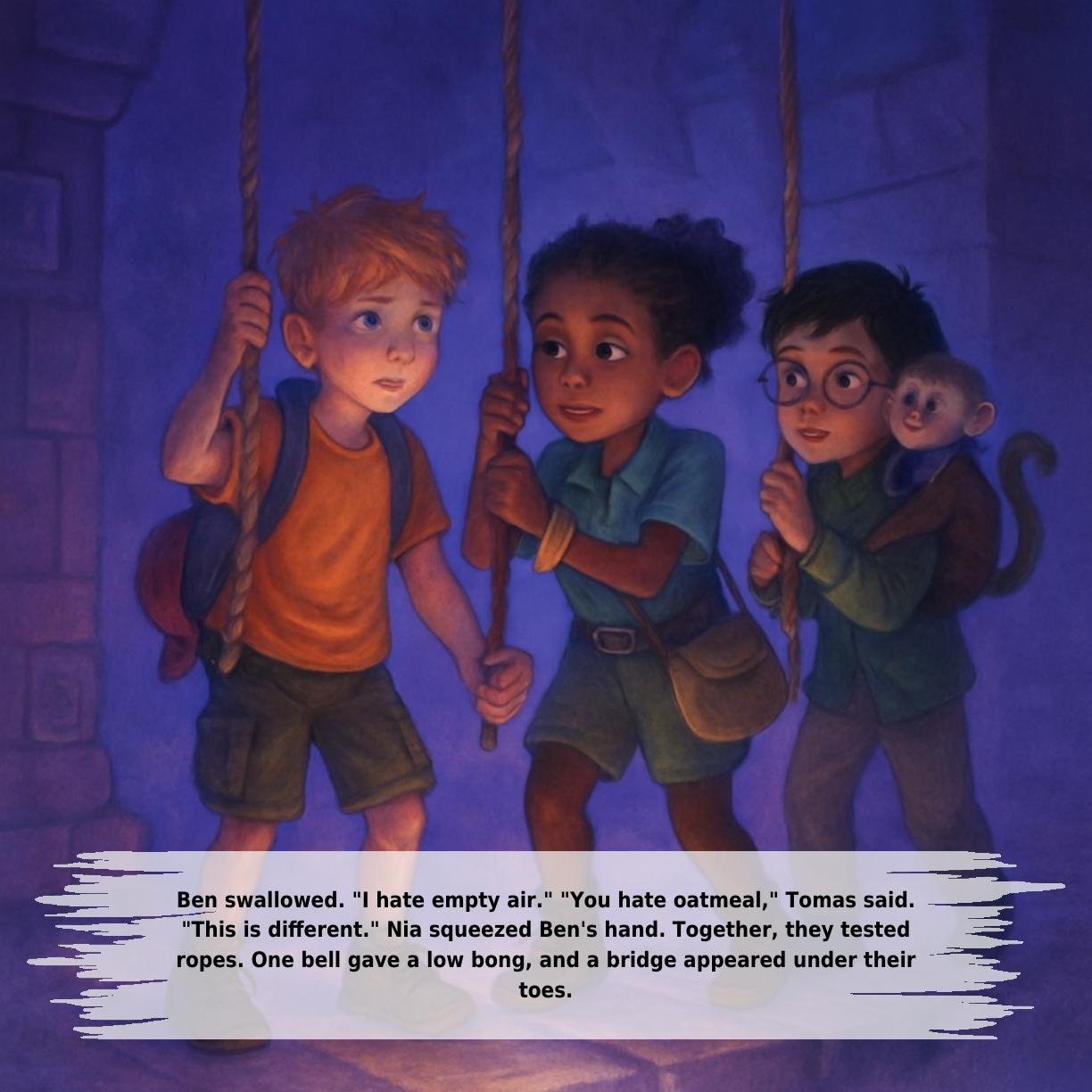Ben swallowed. "I hate empty air." "You hate oatmeal," Tomas said.
"This is different." Nia squeezed Ben's hand. Together, they tested
ropes. One bell gave a low bong, and a bridge appeared under their
toes.