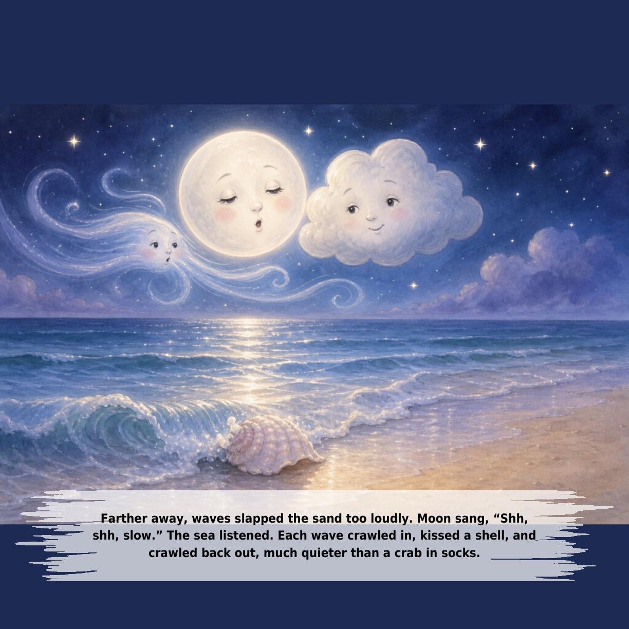 Farther away, waves slapped the sand too loudly. Moon sang, “Shh,
shh, slow.” The sea listened. Each wave crawled in, kissed a shell, and
crawled back out, much quieter than a crab in socks.
