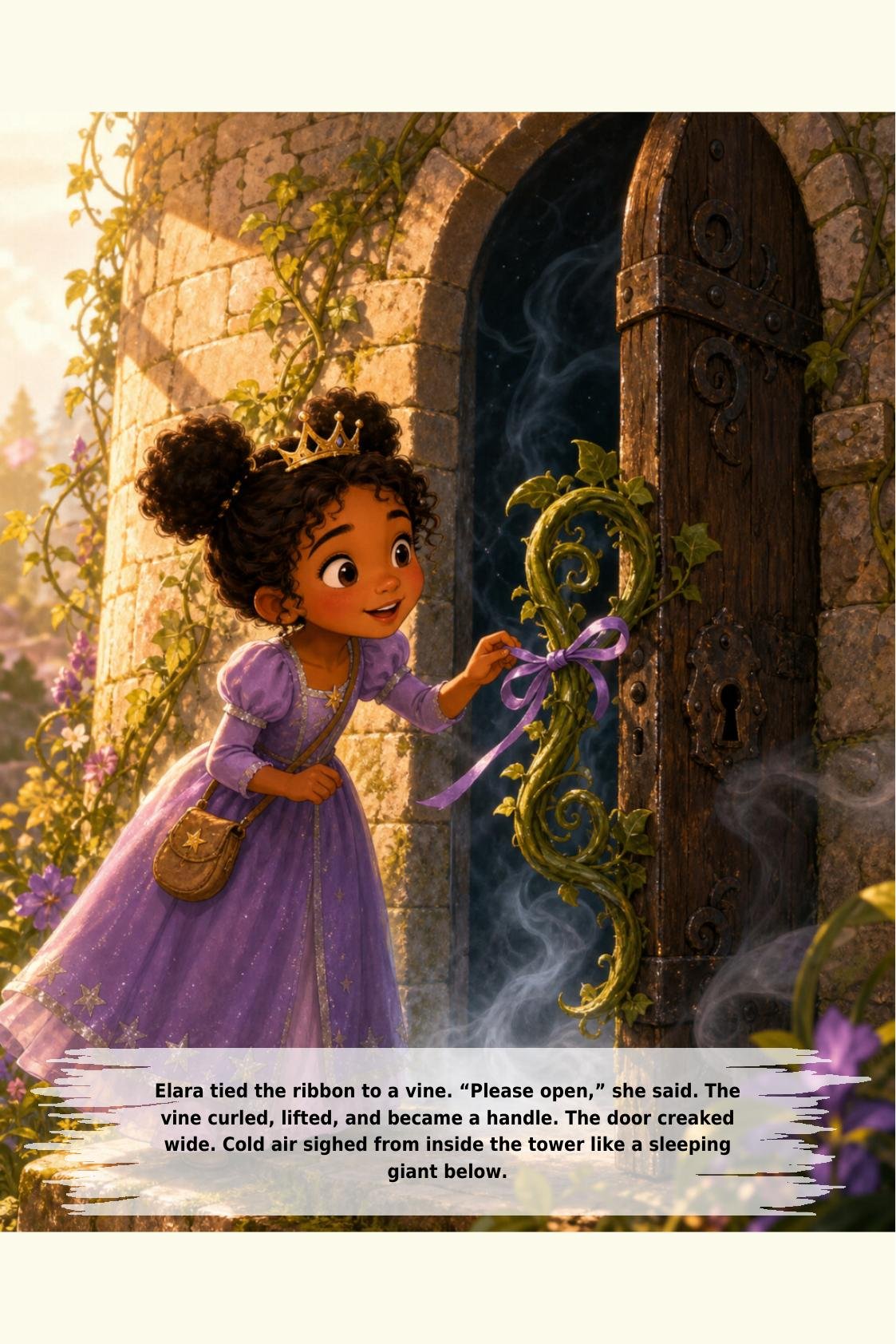 Elara tied the ribbon to a vine. “Please open,” she said. The
vine curled, lifted, and became a handle. The door creaked
wide. Cold air sighed from inside the tower like a sleeping
giant below.