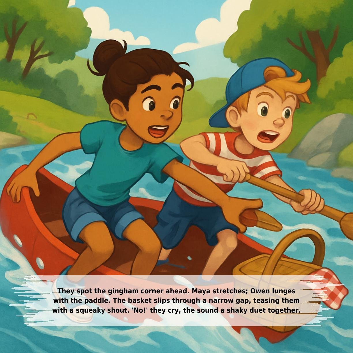 They spot the gingham corner ahead. Maya stretches; Owen lunges
with the paddle. The basket slips through a narrow gap, teasing them
with a squeaky shout. 'No!' they cry, the sound a shaky duet together.