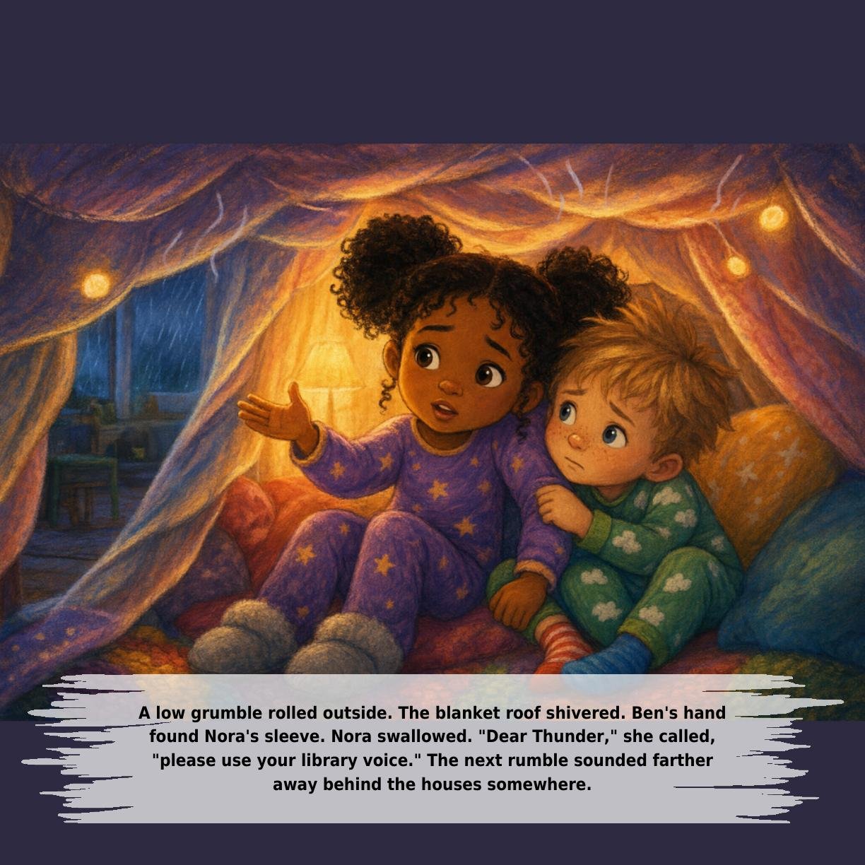 A low grumble rolled outside. The blanket roof shivered. Ben's hand
found Nora's sleeve. Nora swallowed. "Dear Thunder," she called,
"please use your library voice." The next rumble sounded farther
away behind the houses somewhere.