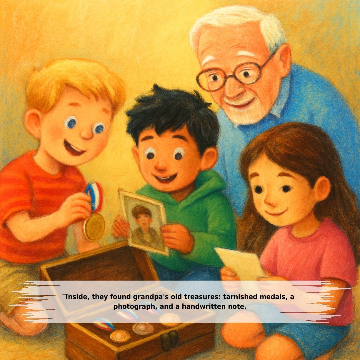 Inside, they found grandpa's old treasures: tarnished medals, a
photograph, and a handwritten note.