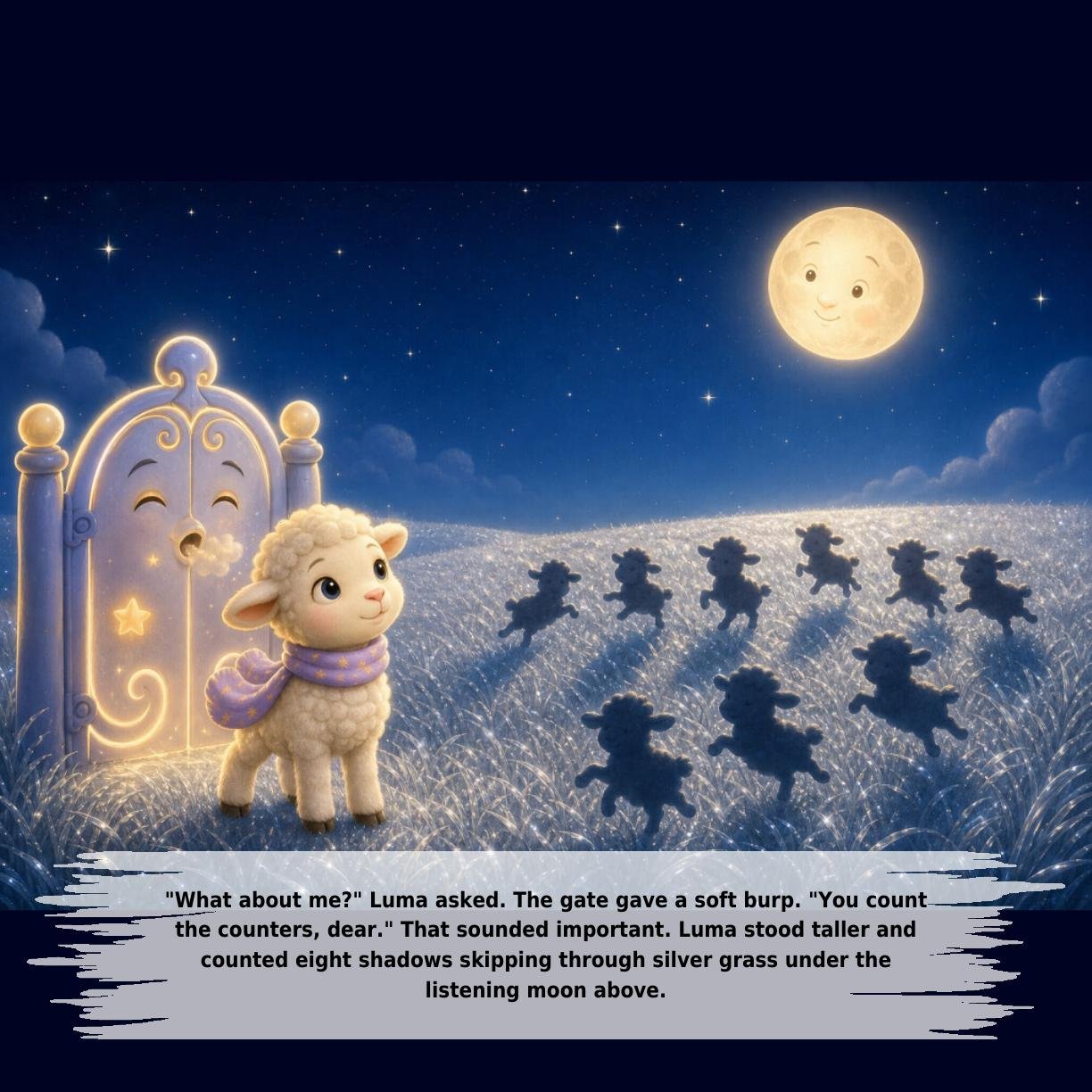 "What about me?" Luma asked. The gate gave a soft burp. "You count
the counters, dear." That sounded important. Luma stood taller and
counted eight shadows skipping through silver grass under the
listening moon above.