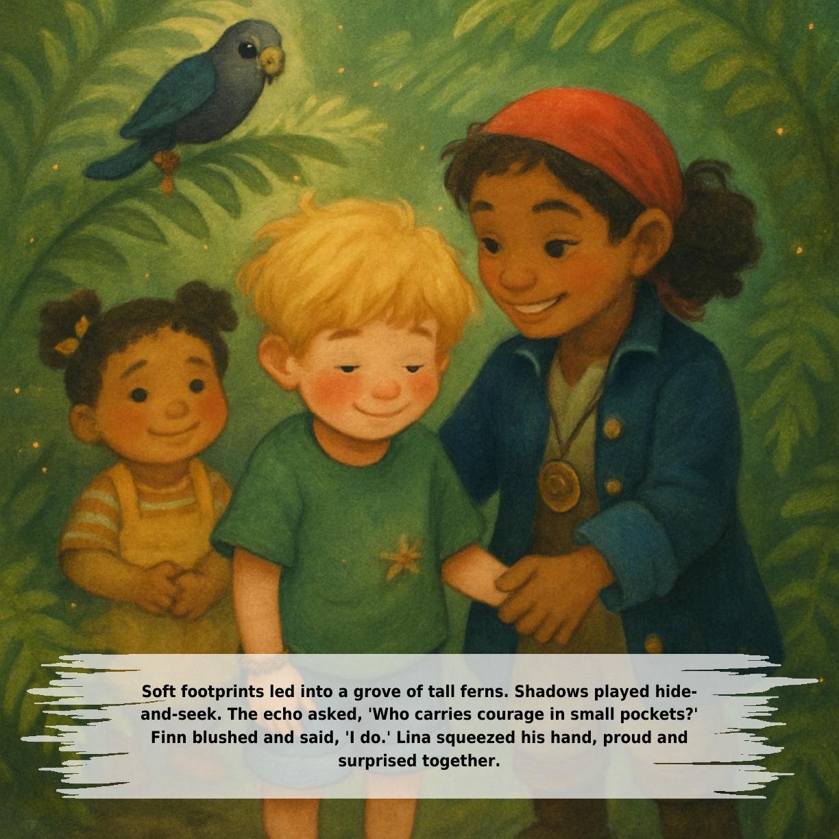 Soft footprints led into a grove of tall ferns. Shadows played hide-
and-seek. The echo asked, 'Who carries courage in small pockets?'
Finn blushed and said, 'I do.' Lina squeezed his hand, proud and
surprised together.
