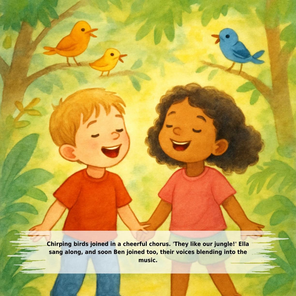 Chirping birds joined in a cheerful chorus. 'They like our jungle!' Ella
sang along, and soon Ben joined too, their voices blending into the
music.