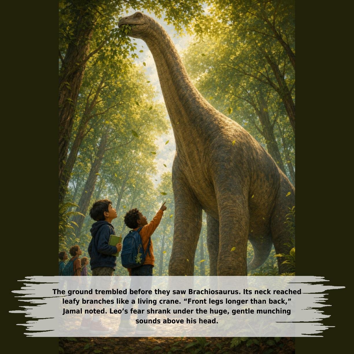 The ground trembled before they saw Brachiosaurus. Its neck reached
leafy branches like a living crane. “Front legs longer than back,”
Jamal noted. Leo’s fear shrank under the huge, gentle munching
sounds above his head.
