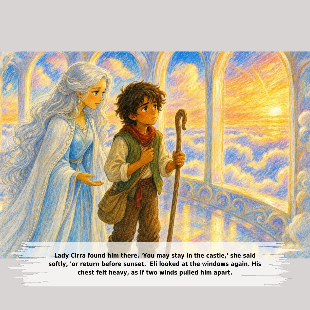 Lady Cirra found him there. 'You may stay in the castle,' she said
softly, 'or return before sunset.' Eli looked at the windows again. His
chest felt heavy, as if two winds pulled him apart.