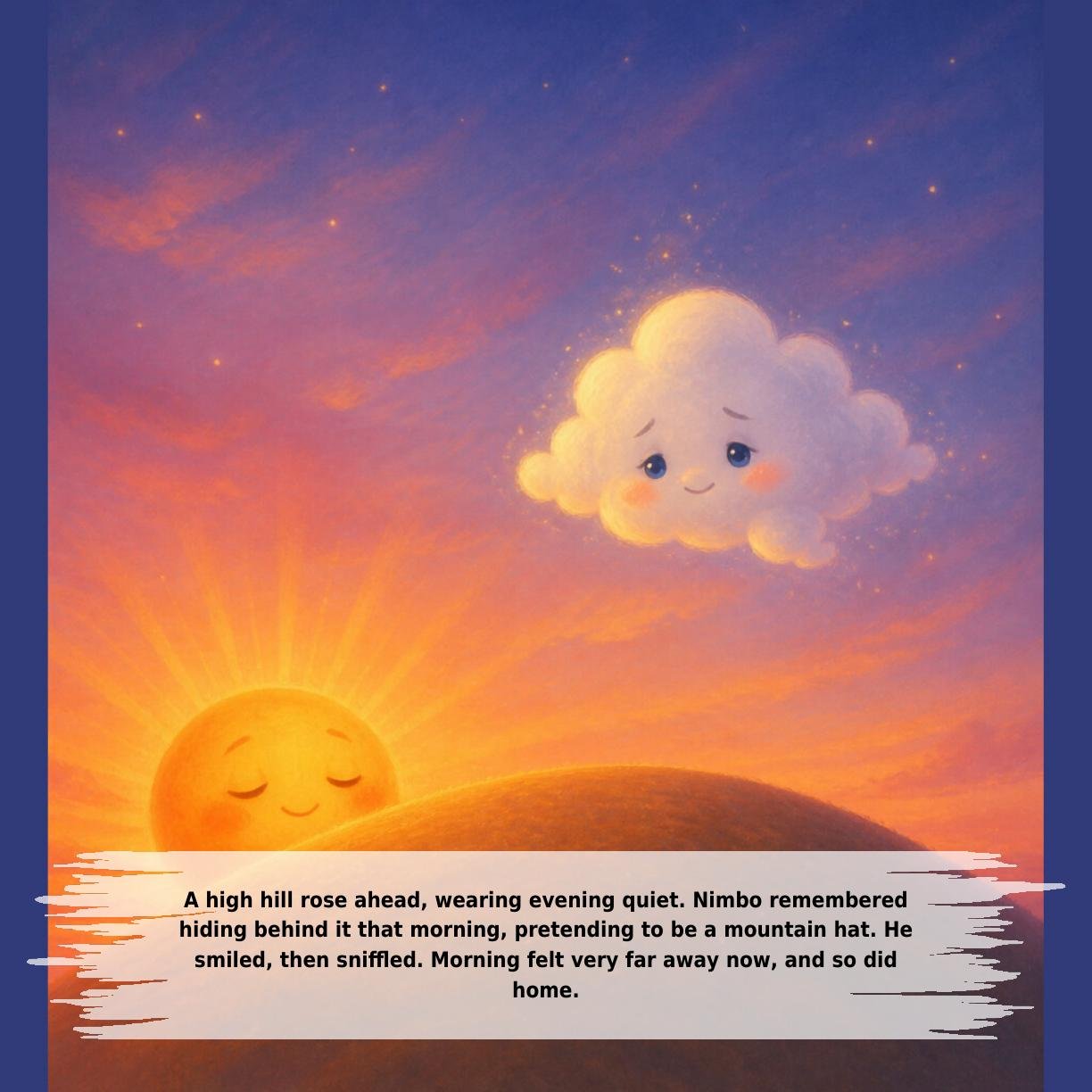 A high hill rose ahead, wearing evening quiet. Nimbo remembered
hiding behind it that morning, pretending to be a mountain hat. He
smiled, then sniffled. Morning felt very far away now, and so did
home.