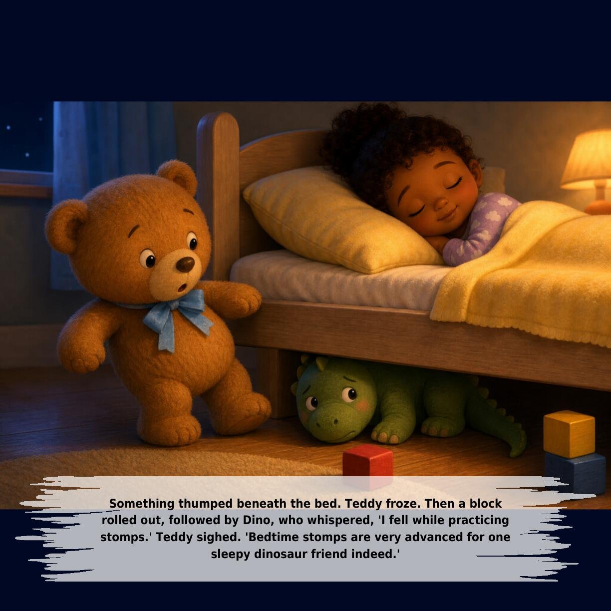 Something thumped beneath the bed. Teddy froze. Then a block
rolled out, followed by Dino, who whispered, 'I fell while practicing
stomps.' Teddy sighed. 'Bedtime stomps are very advanced for one
sleepy dinosaur friend indeed.'