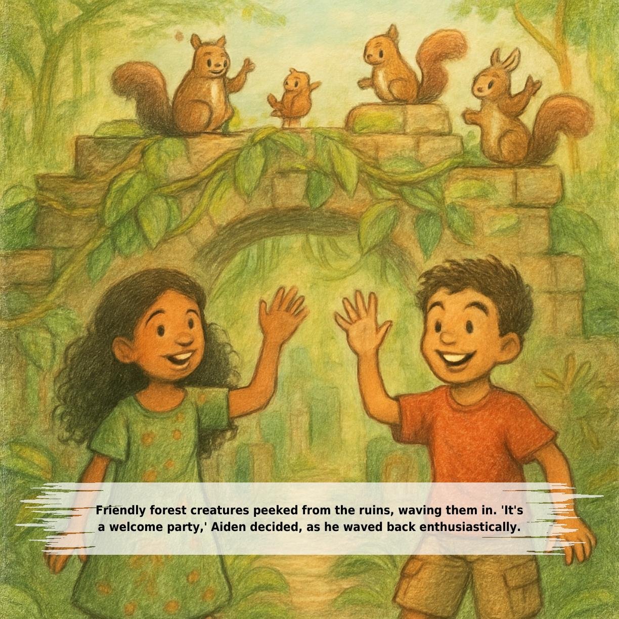 Friendly forest creatures peeked from the ruins, waving them in. 'It's
a welcome party,' Aiden decided, as he waved back enthusiastically.