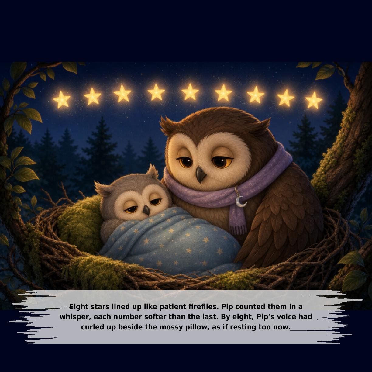 Eight stars lined up like patient fireflies. Pip counted them in a
whisper, each number softer than the last. By eight, Pip’s voice had
curled up beside the mossy pillow, as if resting too now.