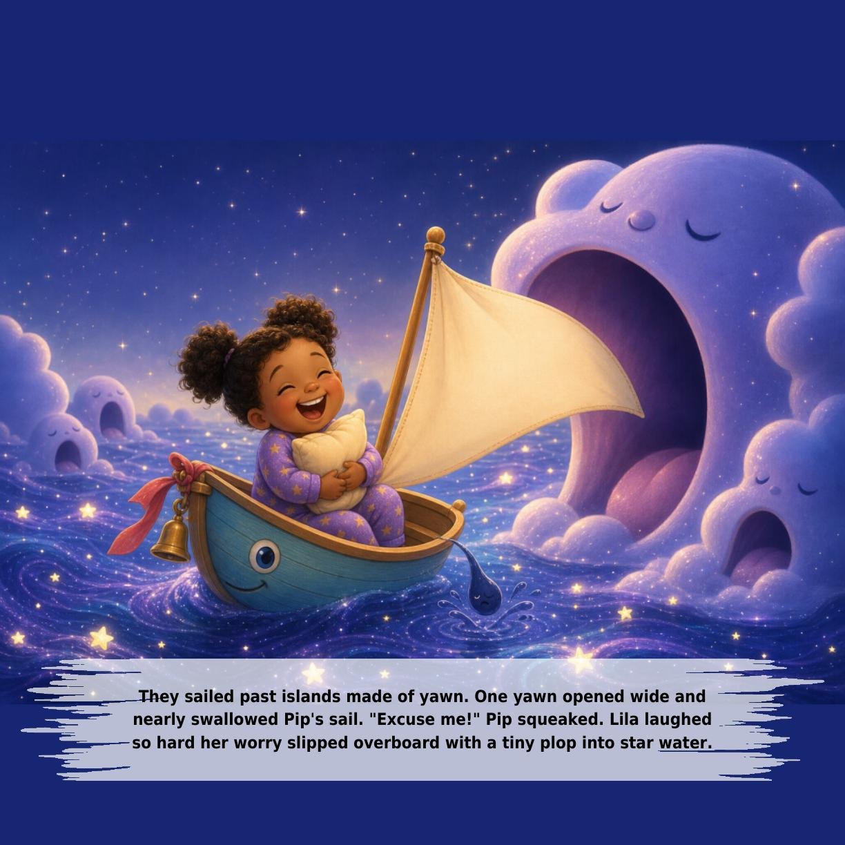 They sailed past islands made of yawn. One yawn opened wide and
nearly swallowed Pip's sail. "Excuse me!" Pip squeaked. Lila laughed
so hard her worry slipped overboard with a tiny plop into star water.