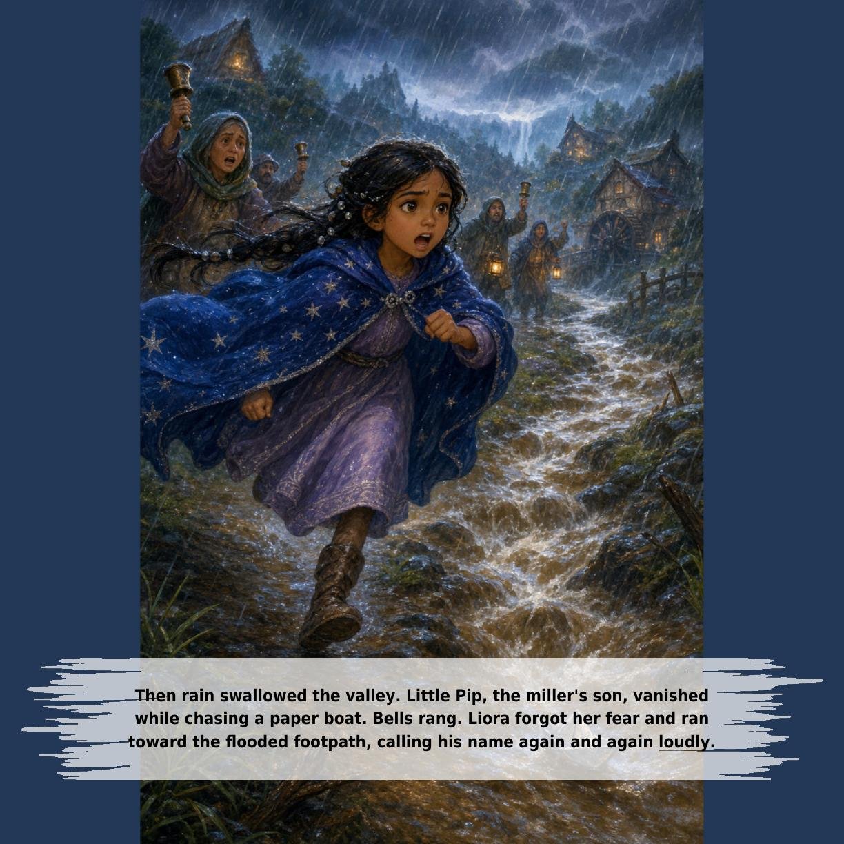 Then rain swallowed the valley. Little Pip, the miller's son, vanished
while chasing a paper boat. Bells rang. Liora forgot her fear and ran
toward the flooded footpath, calling his name again and again loudly.