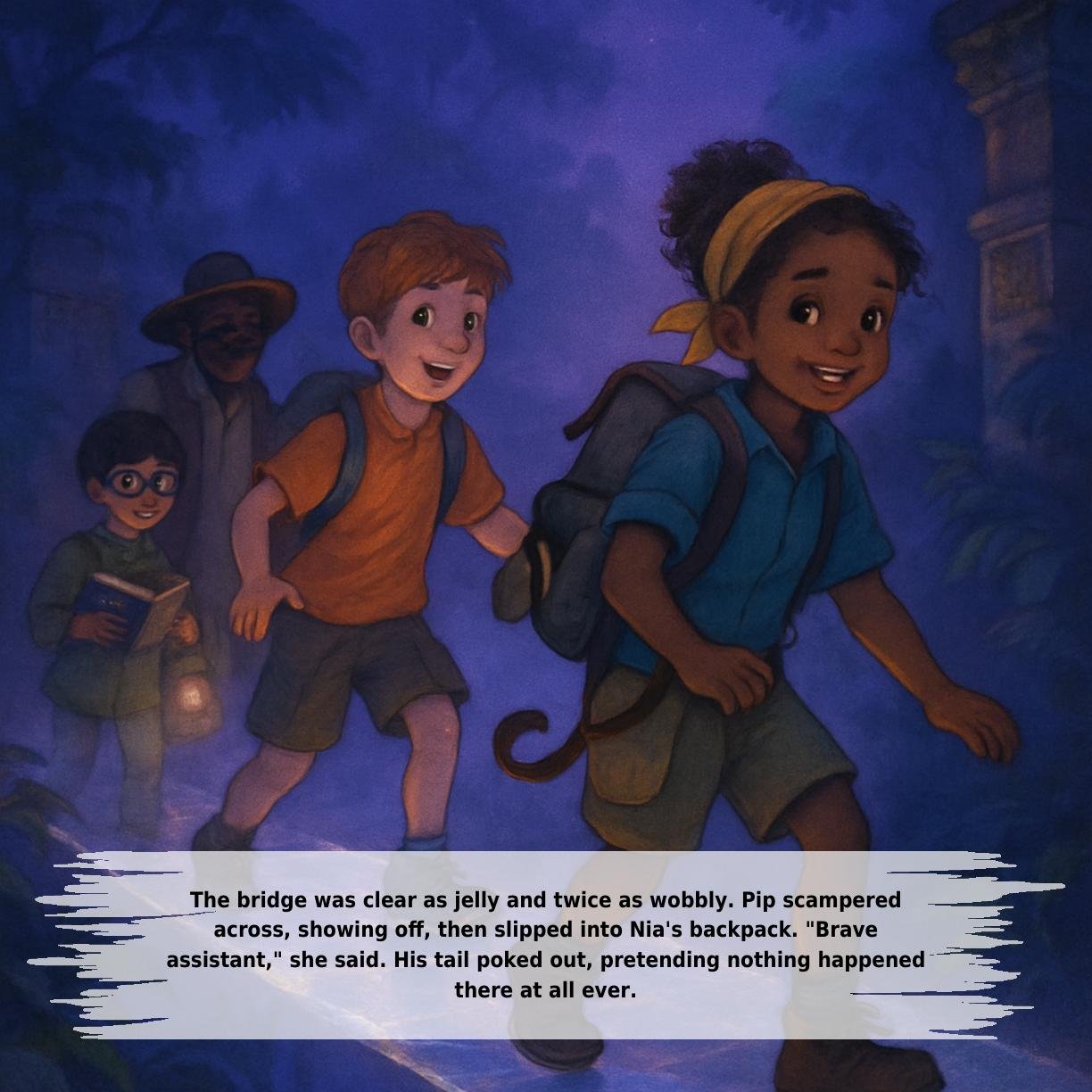 The bridge was clear as jelly and twice as wobbly. Pip scampered
across, showing off, then slipped into Nia's backpack. "Brave
assistant," she said. His tail poked out, pretending nothing happened
there at all ever.