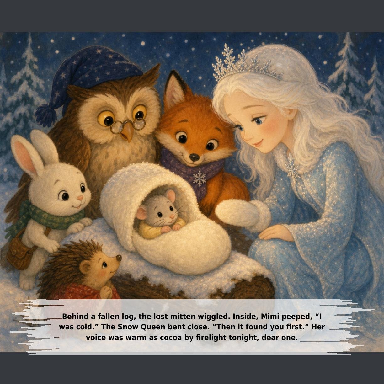 Behind a fallen log, the lost mitten wiggled. Inside, Mimi peeped, “I
was cold.” The Snow Queen bent close. “Then it found you first.” Her
voice was warm as cocoa by firelight tonight, dear one.