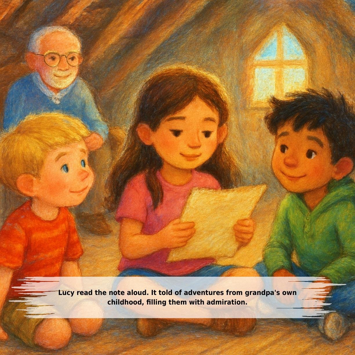 Lucy read the note aloud. It told of adventures from grandpa's own
childhood, filling them with admiration.