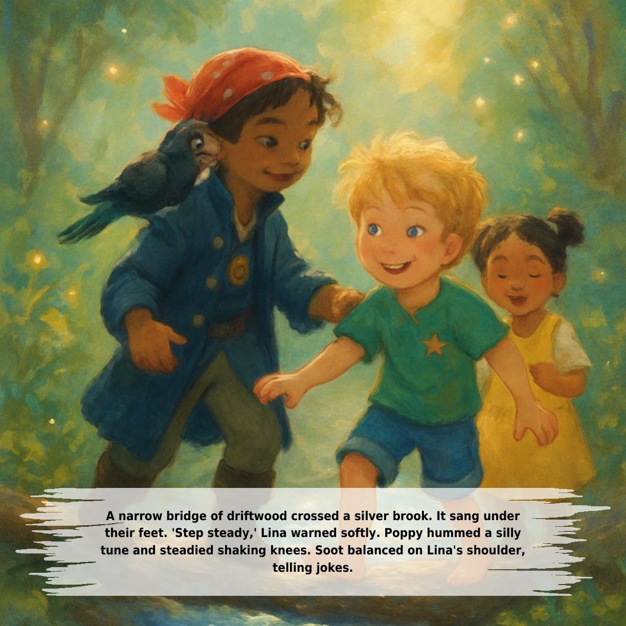 A narrow bridge of driftwood crossed a silver brook. It sang under
their feet. 'Step steady,' Lina warned softly. Poppy hummed a silly
tune and steadied shaking knees. Soot balanced on Lina's shoulder,
telling jokes.