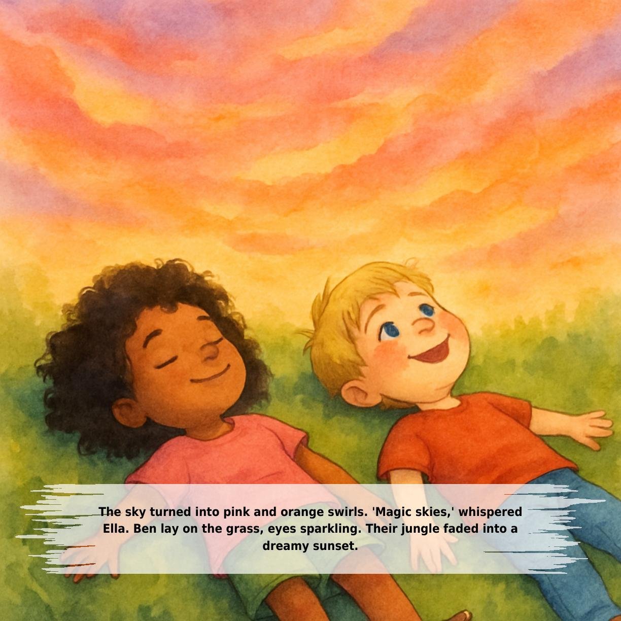 The sky turned into pink and orange swirls. 'Magic skies,' whispered
Ella. Ben lay on the grass, eyes sparkling. Their jungle faded into a
dreamy sunset.