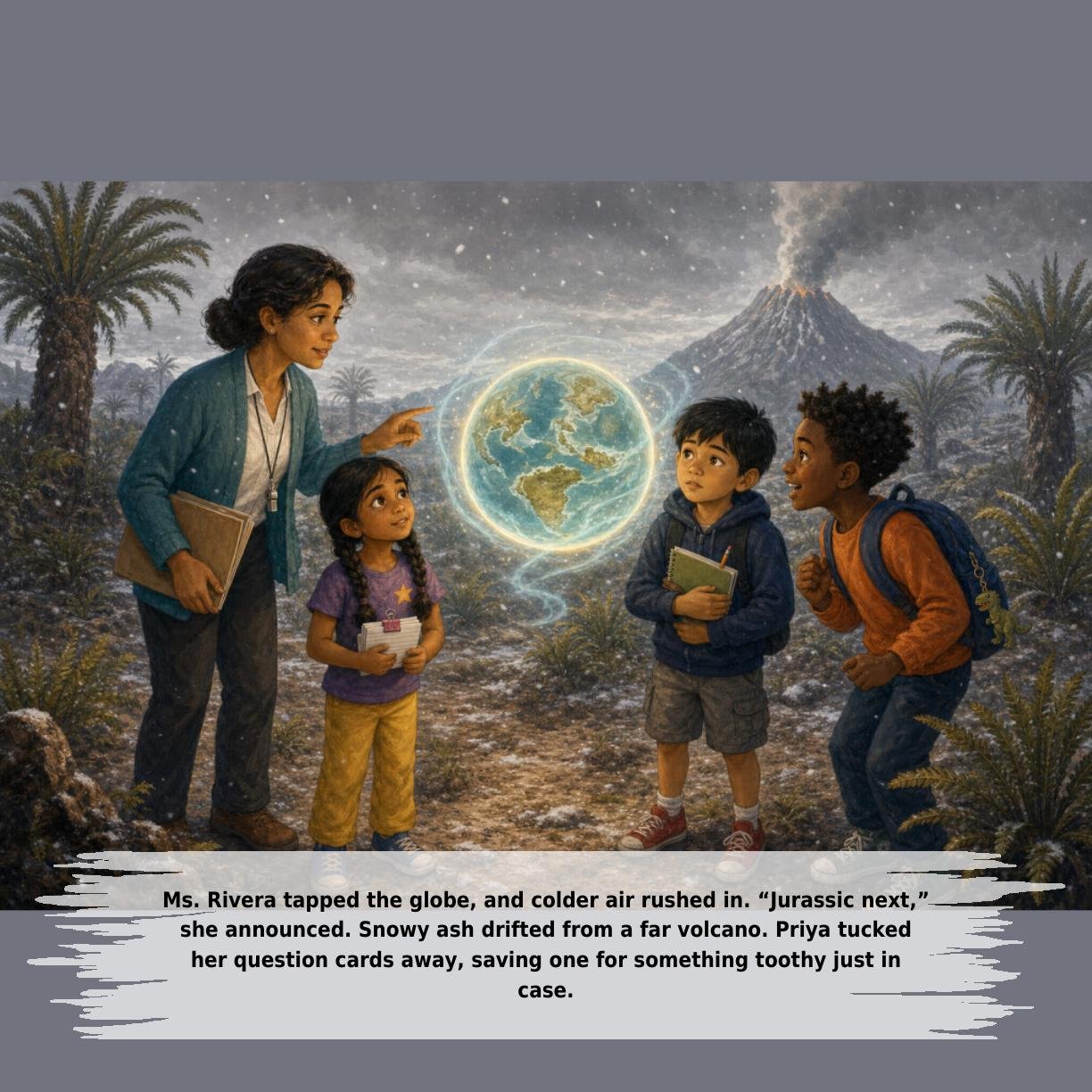 Ms. Rivera tapped the globe, and colder air rushed in. “Jurassic next,”
she announced. Snowy ash drifted from a far volcano. Priya tucked
her question cards away, saving one for something toothy just in
case.