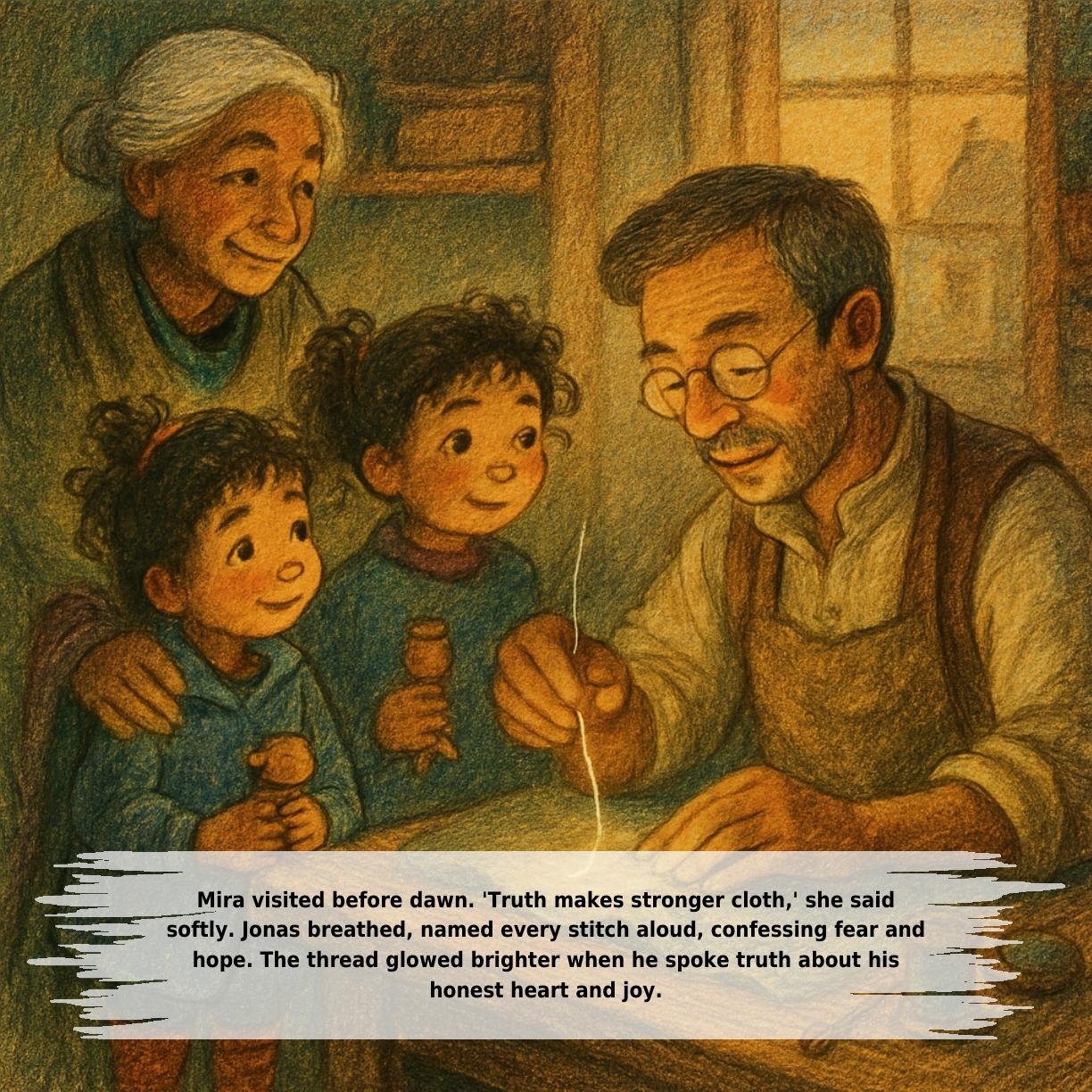 Mira visited before dawn. 'Truth makes stronger cloth,' she said
softly. Jonas breathed, named every stitch aloud, confessing fear and
hope. The thread glowed brighter when he spoke truth about his
honest heart and joy.