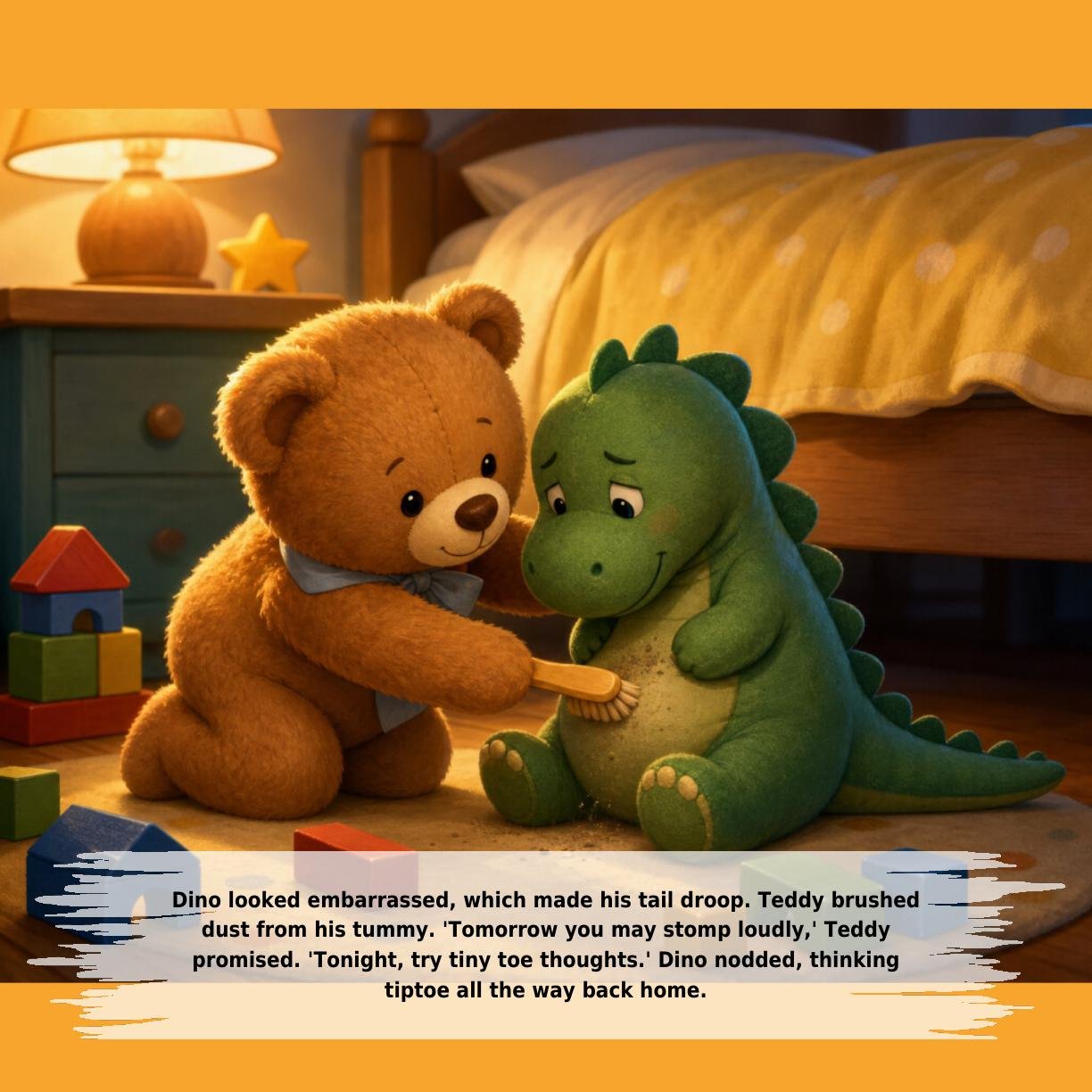 Dino looked embarrassed, which made his tail droop. Teddy brushed
dust from his tummy. 'Tomorrow you may stomp loudly,' Teddy
promised. 'Tonight, try tiny toe thoughts.' Dino nodded, thinking
tiptoe all the way back home.