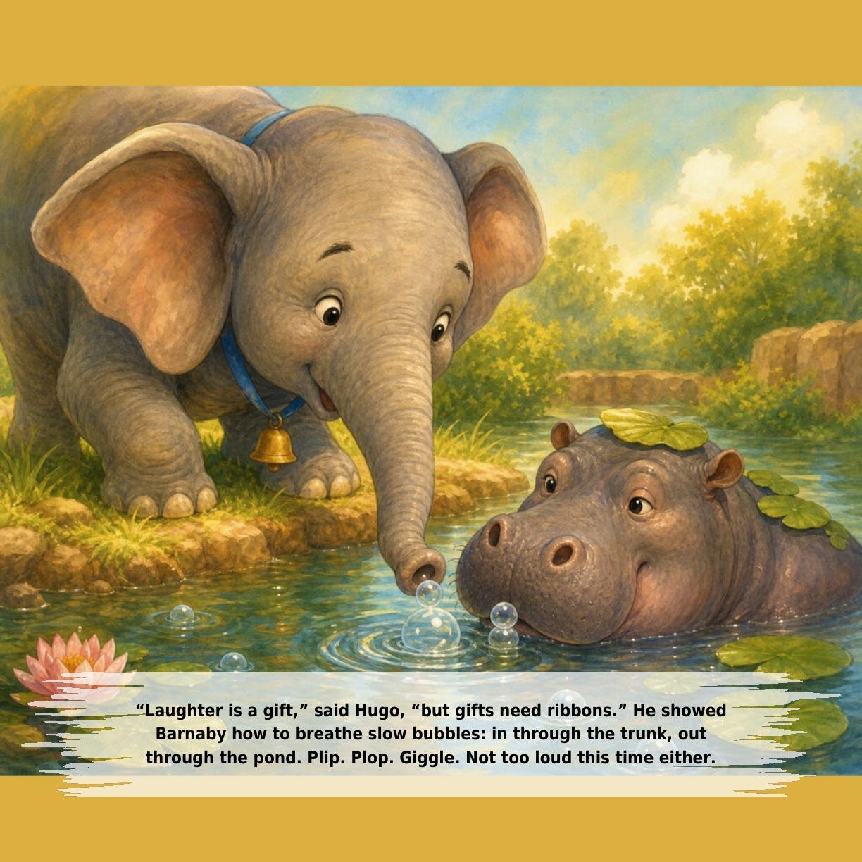 “Laughter is a gift,” said Hugo, “but gifts need ribbons.” He showed
Barnaby how to breathe slow bubbles: in through the trunk, out
through the pond. Plip. Plop. Giggle. Not too loud this time either.