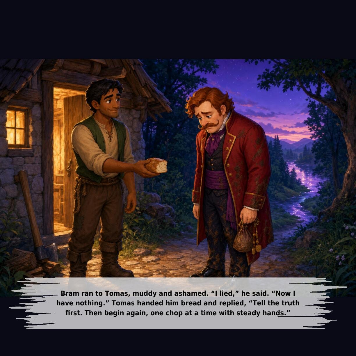 Bram ran to Tomas, muddy and ashamed. “I lied,” he said. “Now I
have nothing.” Tomas handed him bread and replied, “Tell the truth
first. Then begin again, one chop at a time with steady hands.”