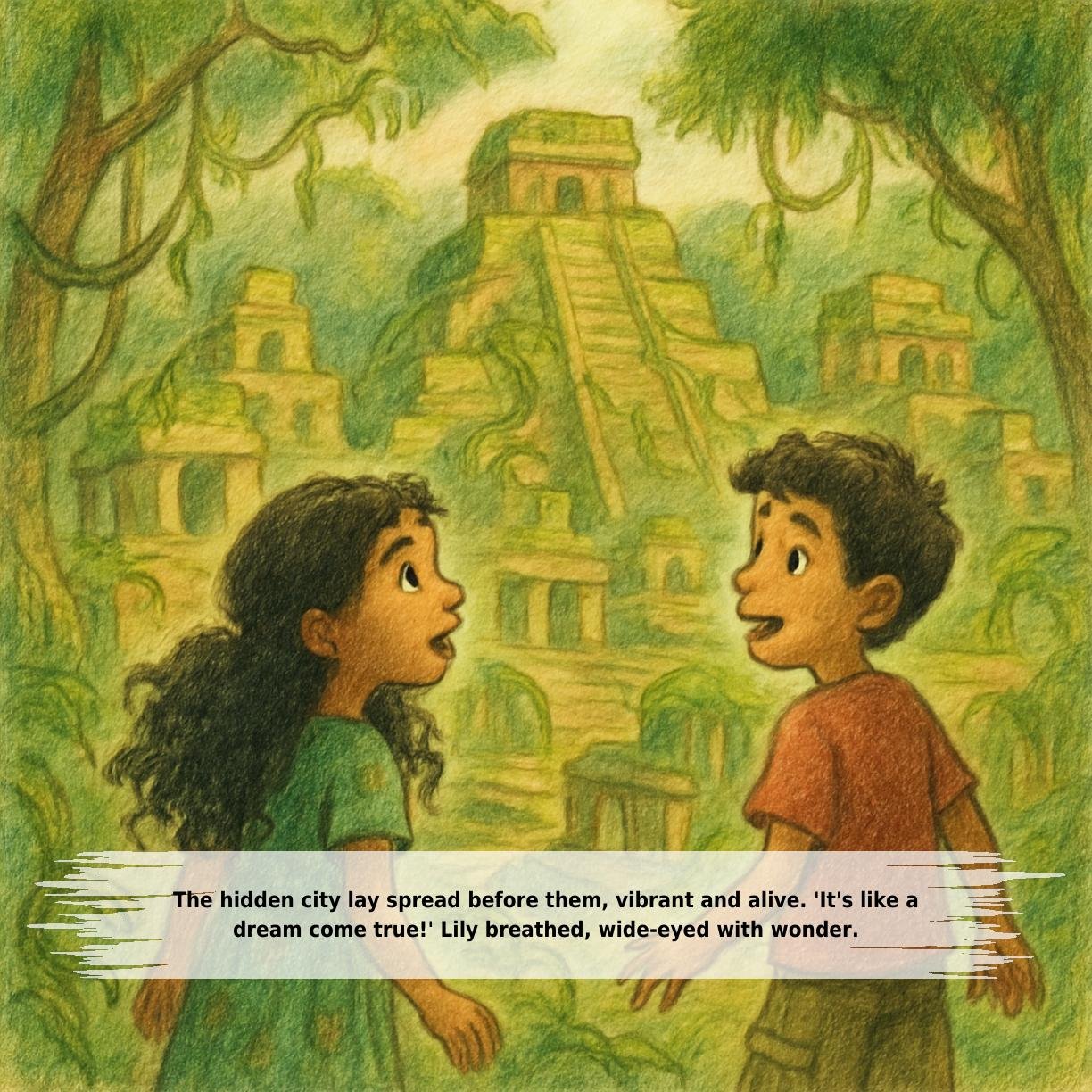 The hidden city lay spread before them, vibrant and alive. 'It's like a
dream come true!' Lily breathed, wide-eyed with wonder.