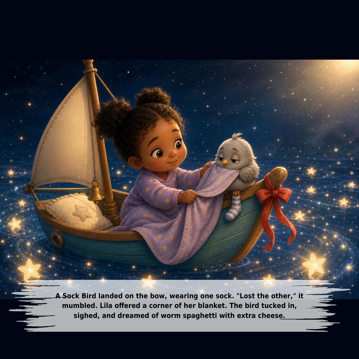 A Sock Bird landed on the bow, wearing one sock. "Lost the other," it
mumbled. Lila offered a corner of her blanket. The bird tucked in,
sighed, and dreamed of worm spaghetti with extra cheese.