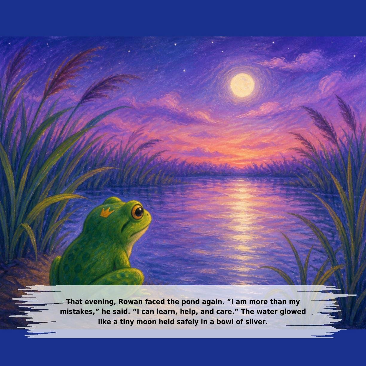 That evening, Rowan faced the pond again. “I am more than my
mistakes,” he said. “I can learn, help, and care.” The water glowed
like a tiny moon held safely in a bowl of silver.