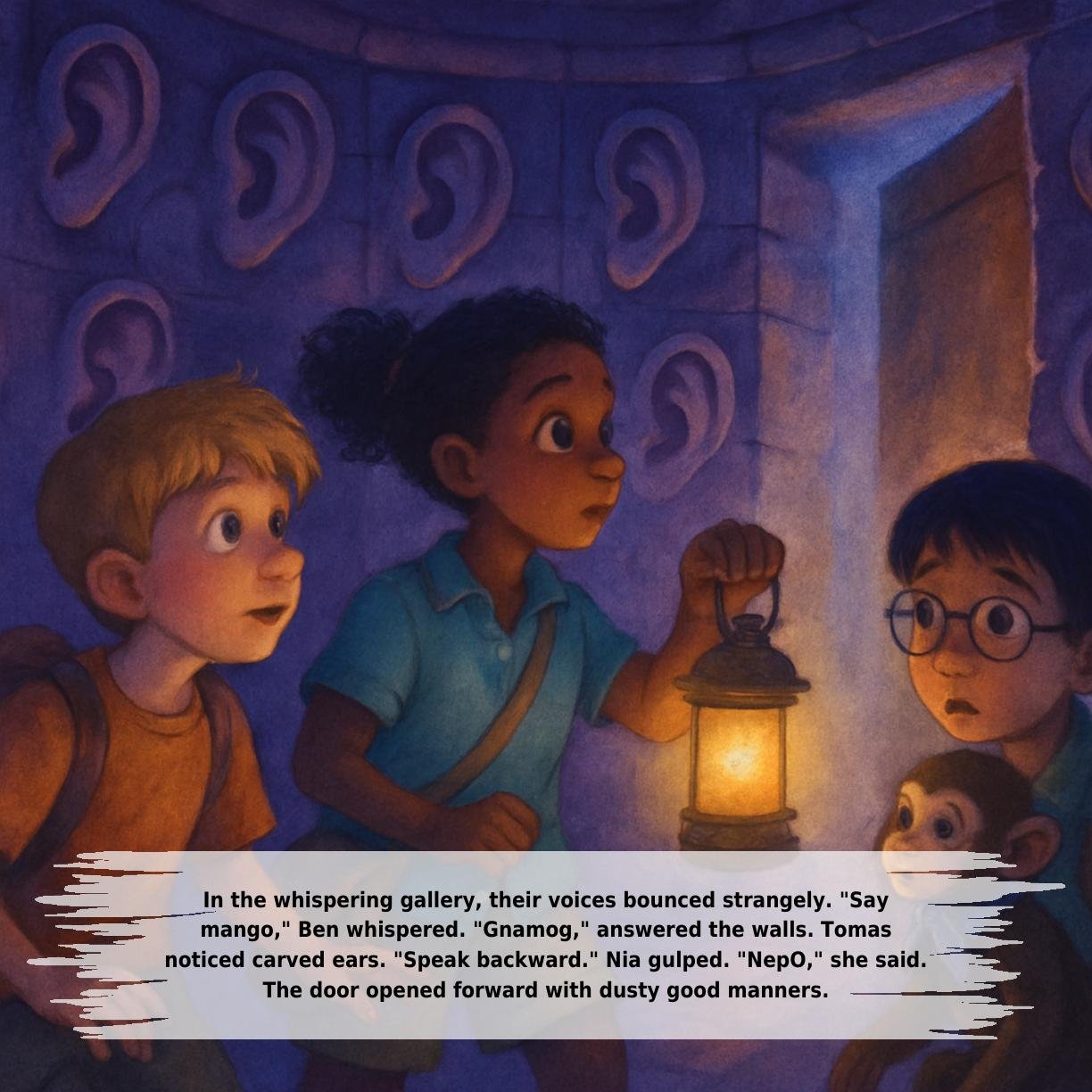 In the whispering gallery, their voices bounced strangely. "Say
mango," Ben whispered. "Gnamog," answered the walls. Tomas
noticed carved ears. "Speak backward." Nia gulped. "NepO," she said.
The door opened forward with dusty good manners.