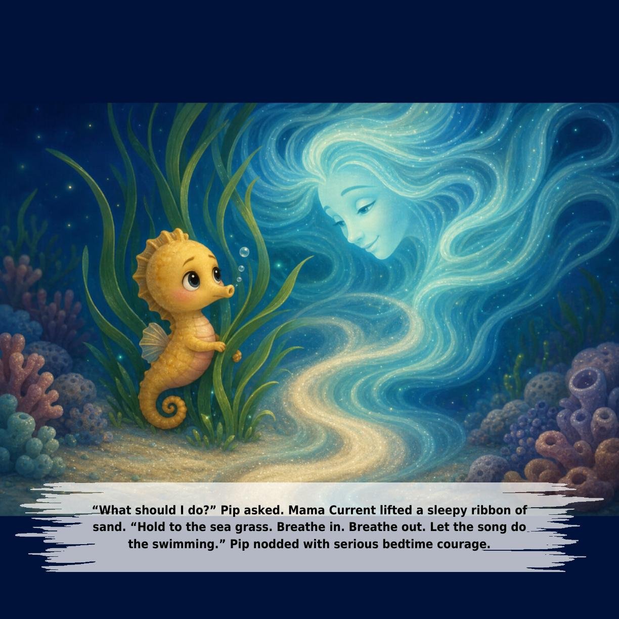 “What should I do?” Pip asked. Mama Current lifted a sleepy ribbon of
sand. “Hold to the sea grass. Breathe in. Breathe out. Let the song do
the swimming.” Pip nodded with serious bedtime courage.